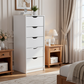Sunvega White 5 Drawer Tall Dresser with Pull Out System Compact Size