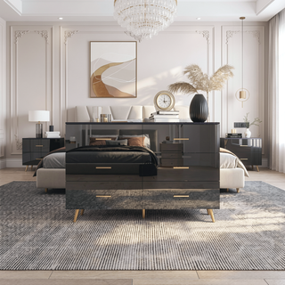 Sunvega High Glossy Black Dresser with Golden Handles and 6 Large Drawers