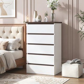 Sunvega Modern 5 Drawer Dresser with White & Walnut Finish for Bedroom