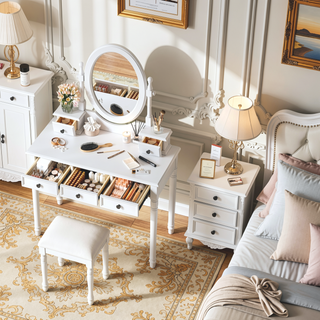 Sunvega Vintage Vanity Desk with Adjustable Mirror, 5 Velvet Drawers, and Cushioned Stool