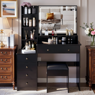 Sunvega 41 Inch Large Size Left Bedside Cabinet Vanity Table with Cushioned Stool