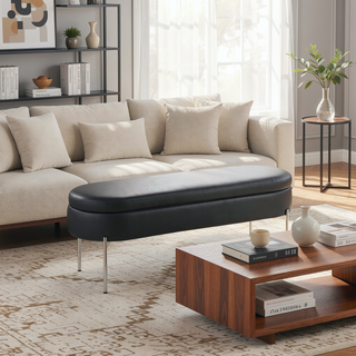 Sunvega Glam Contemporary Storage Bench with Black Faux Leather and Chrome Base