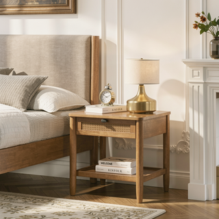 Sunvega Light Walnut Single-Drawer Nightstand with Shelf and Woven Pattern