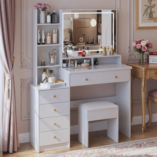Sunvega 37 Inch Left Bedside Vanity Table with Cushioned Stool and Sliding LED Mirror