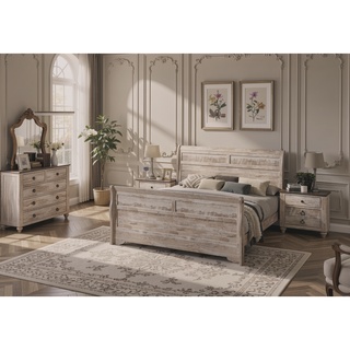 Sunvega White Wash Finish Queen Sleigh Bed Dresser Mirror and Nightstands Set