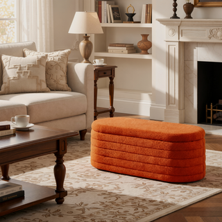 Sunvega Modern Oval Upholstered Boucle Teddy Fabric Storage Ottoman Bench with Safety Hinge