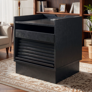 Sunvega Modern Brown Nightstand with Charging Station, Smart LED Lights, and Two Drawers