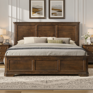 Sunvega Traditional Wood Panel Bed Set with Dresser Mirror and Two Nightstands