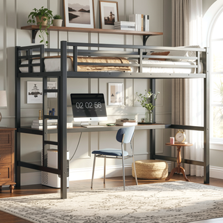 Sunvega Metal Twin XL Loft Bed with Desk, USB, LED Light, and Power Outlet