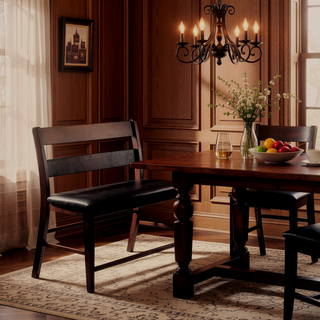 Sunvega Cherry Finish Wood Frame Bench with Dark Brown Faux Leather Upholstered Seat