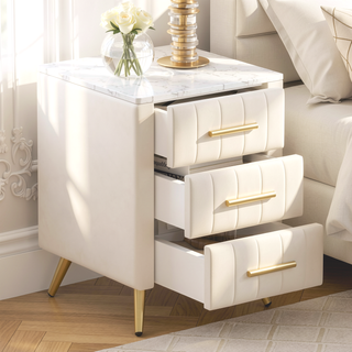 Sunvega Upholstered Velvet Nightstand with 3 Drawers and Marbling Worktop