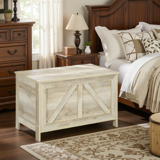 Sunvega Farmhouse Storage Chest Organizer with Safety Hinge and Wood Grain Effect