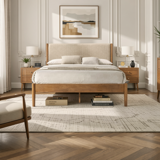 Sunvega Rubberwood Bedroom Set with Queen Upholstered Bed Dresser Mirror Nightstands