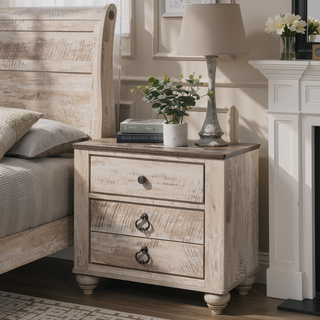 Sunvega White Wash Finish Queen Sleigh Bed Dresser Mirror and Nightstands Set
