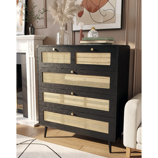 Sunvega Modern Rattan Dresser with 4 Wide Drawers and Gold Metal Handles for Bedroom