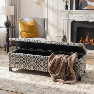 Sunvega Dark Brown Stained Legs Birch Wood Storage Bench Ottoman with Geometric Pattern
