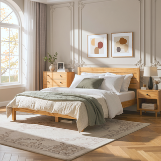Sunvega Minimalist Boho Queen Bedframe with Slatted Headboard in Natural Pine