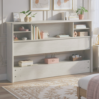 Sunvega White Bookcase Headboard with Two Adjustable Shelves for Full Queen Beds