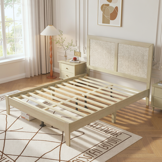 Sunvega Solid Wood Queen Bed Frame with Rattan Headboard and Silent Slats
