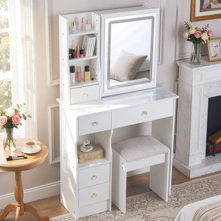 Sunvega Small Size Left Drawer Vanity Table with Cushioned Stool and LED Mirror