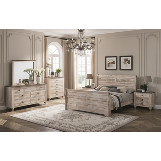 Sunvega White Wash Finish Queen Sleigh Bed Dresser Mirror Nightstand Chest Set