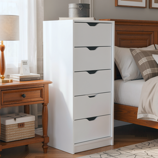 Sunvega Slim White 5-Drawer Storage Chest Dresser for Bedroom with Pull-Out Mechanism