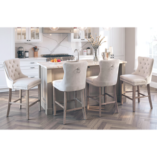 Sunvega Modern Velvet Upholstered Barstools with Button Tufted and Wooden Legs