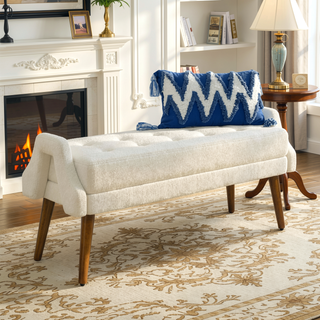 Sunvega Modern Loop Yarn Fabric Bench with Soft Cushion and Geometric Armrests