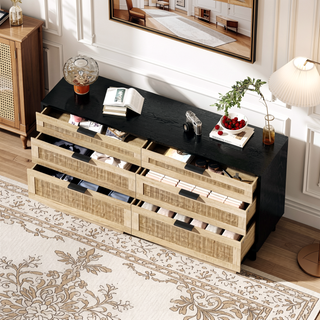 Sunvega 6 Drawer Rattan Dresser with Metal Handle and Wood Legs for Bedroom Storage