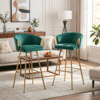 Sunvega 30 Inch Set of 2 Velvet Bar Stools with Chrome Footrest and Golden Leg