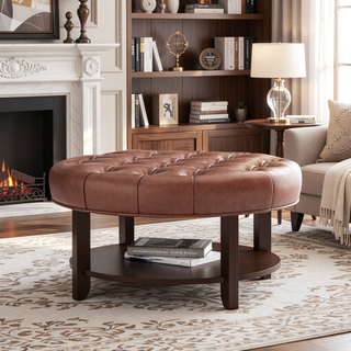Sunvega Round Ottoman with Faux Leather Upholstery and Open Shelf for Living Room