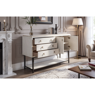 Sunvega Vanilla Oak Veneer Server with Metal Base and Soft-Close Doors