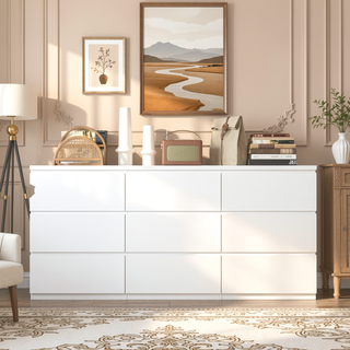 Sunvega Modern White 9 Drawer Storage Dresser with No Handles for Bedroom Living Room