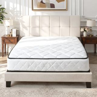 Sunvega Beige Linen Look Upholstered Queen Bed Frame with Button Tufted Headboard