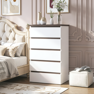 Sunvega Modern 5 Drawer Dresser with White & Walnut Finish for Bedroom