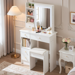 Sunvega Small Size Left Drawer Desktop Vanity Table with Cushioned Stool