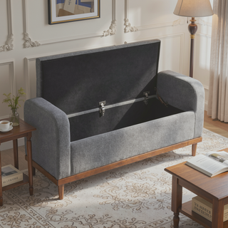 Sunvega Solid Wood Walnut Finish Tufted Dark Gray Upholstered Storage Bench with Lift Top