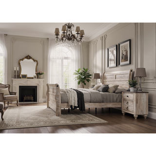 Sunvega White Wash Finish Queen Sleigh Bed Dresser Mirror Nightstand Chest Set