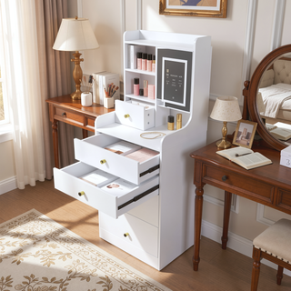 Sunvega 7-Drawer Vanity Desk with LED Mirror Jewelry Storage and PU Stool