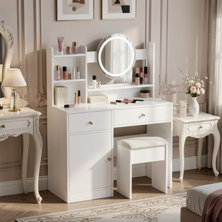 Sunvega White Makeup Vanity Desk with Mirror Lights Adjustable Brightness and Chair