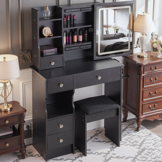 Sunvega Small Size Left Drawer Vanity Table with Adjustable LED Mirror and Stool