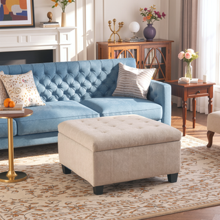 Sunvega Fabric Ottoman with Tufted Waffle Lid and Soft-Closing Hinges for Storage