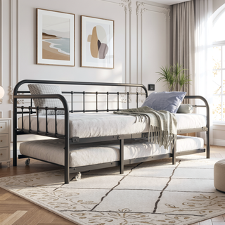 Sunvega Twin Size Victorian Style Metal Daybed Frame with Trundle Set for Guest Room