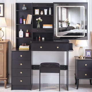 Sunvega 37 Inch Left Bedside Vanity Table with Cushioned Stool and Sliding Mirror
