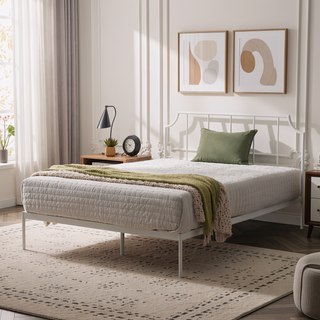 Sunvega Solid Metal Platform Bed with Rectangular Headboard and Scooped Corners, King, White