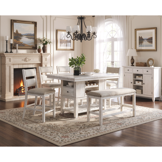 Sunvega Modern Farmhouse Counter Height Dining Bench with Antique White Finish and Upholstered Seat