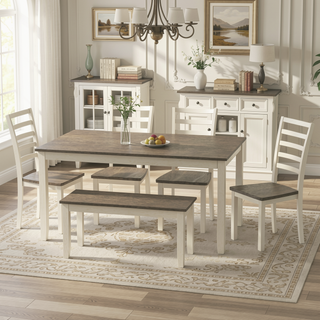 Sunvega Farmhouse Dining Table Set with Dogwood Bark and Blossom Colors
