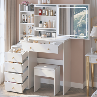 Sunvega 37 Inch Left Bedside Vanity Table with Cushioned Stool and Sliding LED Mirror