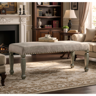 Sunvega Antique Gray Finish Upholstered Nailhead Trim Bench with Cushioned Seat