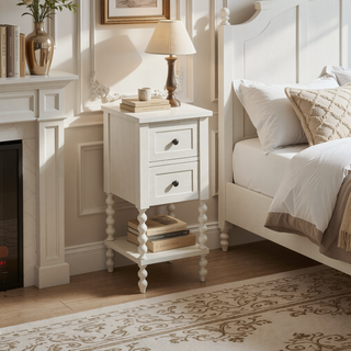 Sunvega Antique Cream Nightstand with Turned Legs and Natural Whitewash Look